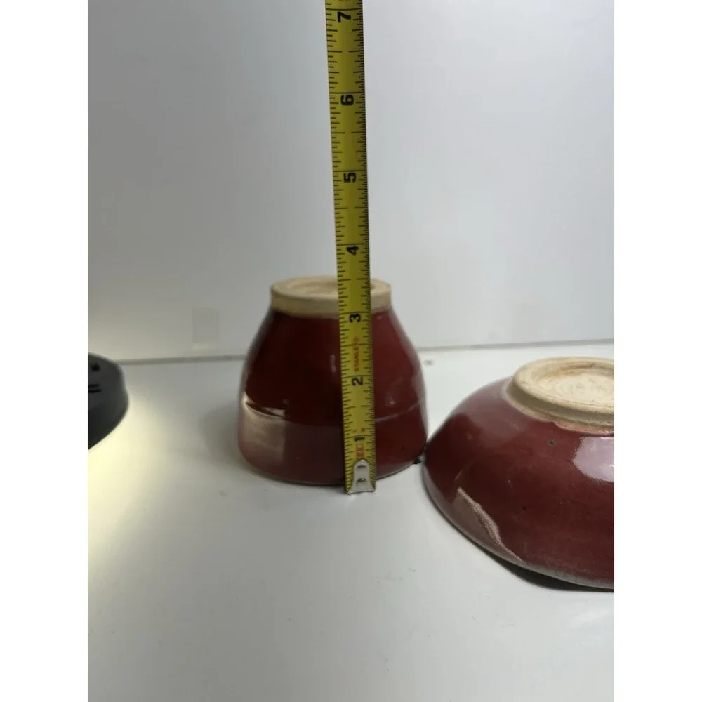 Japanese Studio Pottery Chawan Tea Cup & Bowl Set Red Glaze Signed M